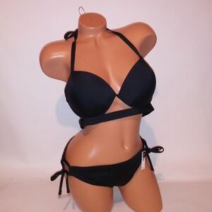 Victoria Secret Swim Bikini 38C Top XL Bottom Black Solid Hottie Halter Push Up